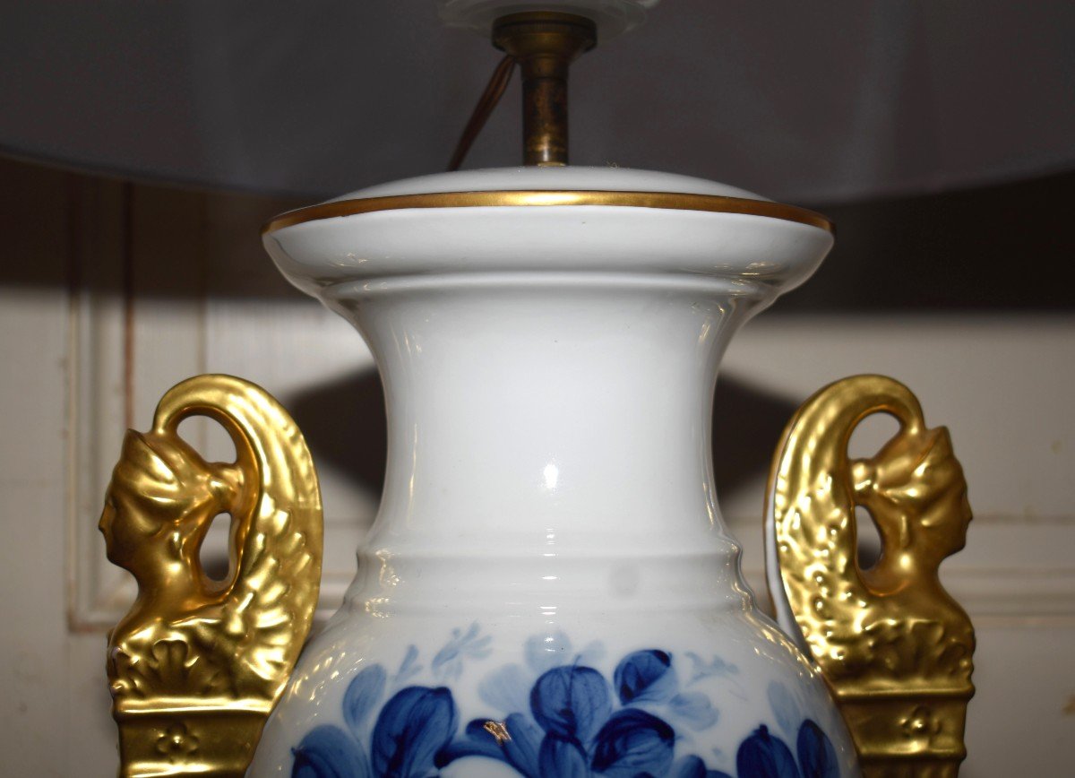 Caffy, Important Limoges Porcelain Lamp, Shades Of Blue, Hand Painted Floral Decor, Gold-photo-6