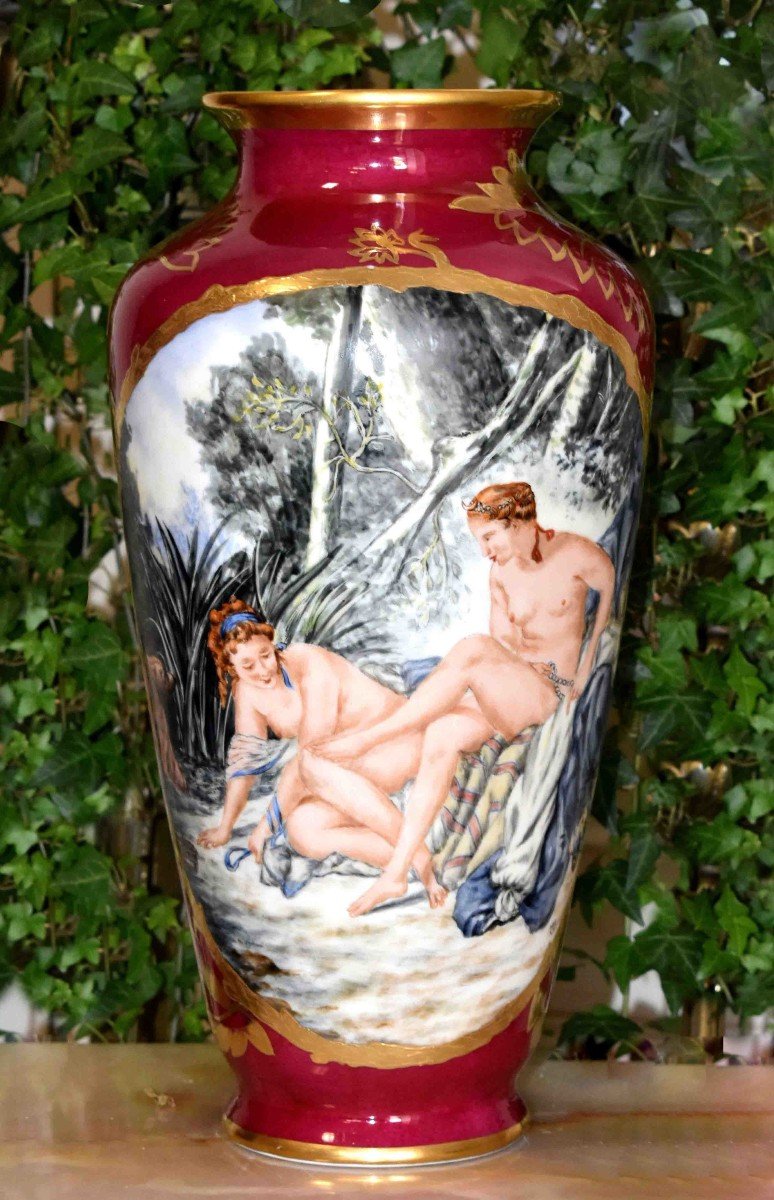 Large Limoges Porcelain Vase, Hand Painted Decor, Diane Coming Out Of The Bath By Bouchet-photo-2