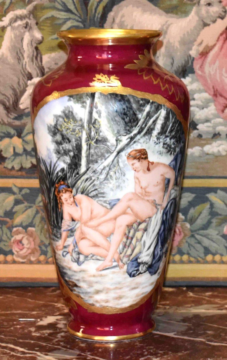 Large Limoges Porcelain Vase, Hand Painted Decor, Diane Coming Out Of The Bath By Bouchet-photo-3