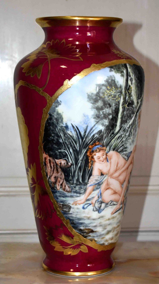 Large Limoges Porcelain Vase, Hand Painted Decor, Diane Coming Out Of The Bath By Bouchet-photo-4