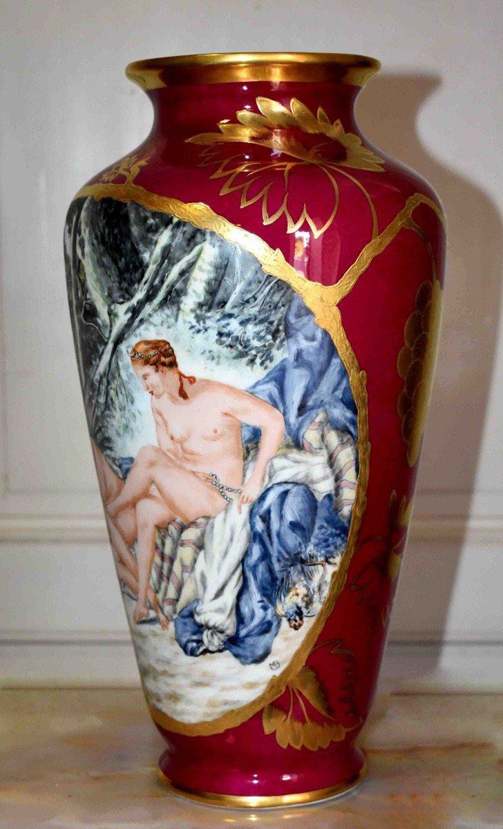 Large Limoges Porcelain Vase, Hand Painted Decor, Diane Coming Out Of The Bath By Bouchet-photo-1