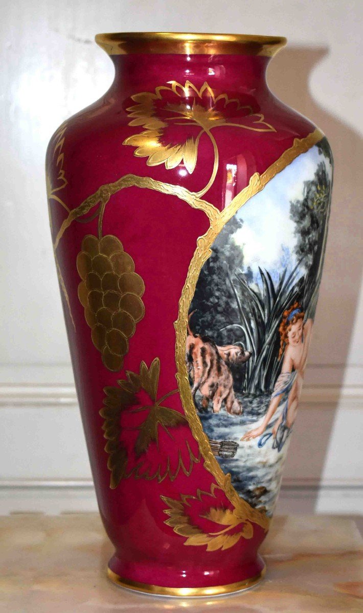 Large Limoges Porcelain Vase, Hand Painted Decor, Diane Coming Out Of The Bath By Bouchet-photo-2