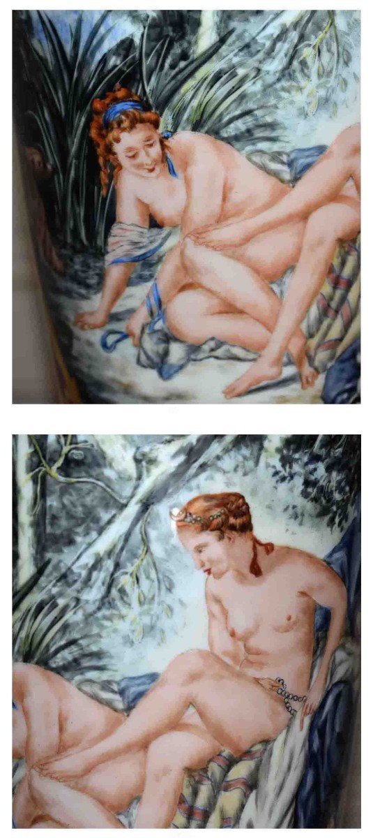 Large Limoges Porcelain Vase, Hand Painted Decor, Diane Coming Out Of The Bath By Bouchet-photo-5