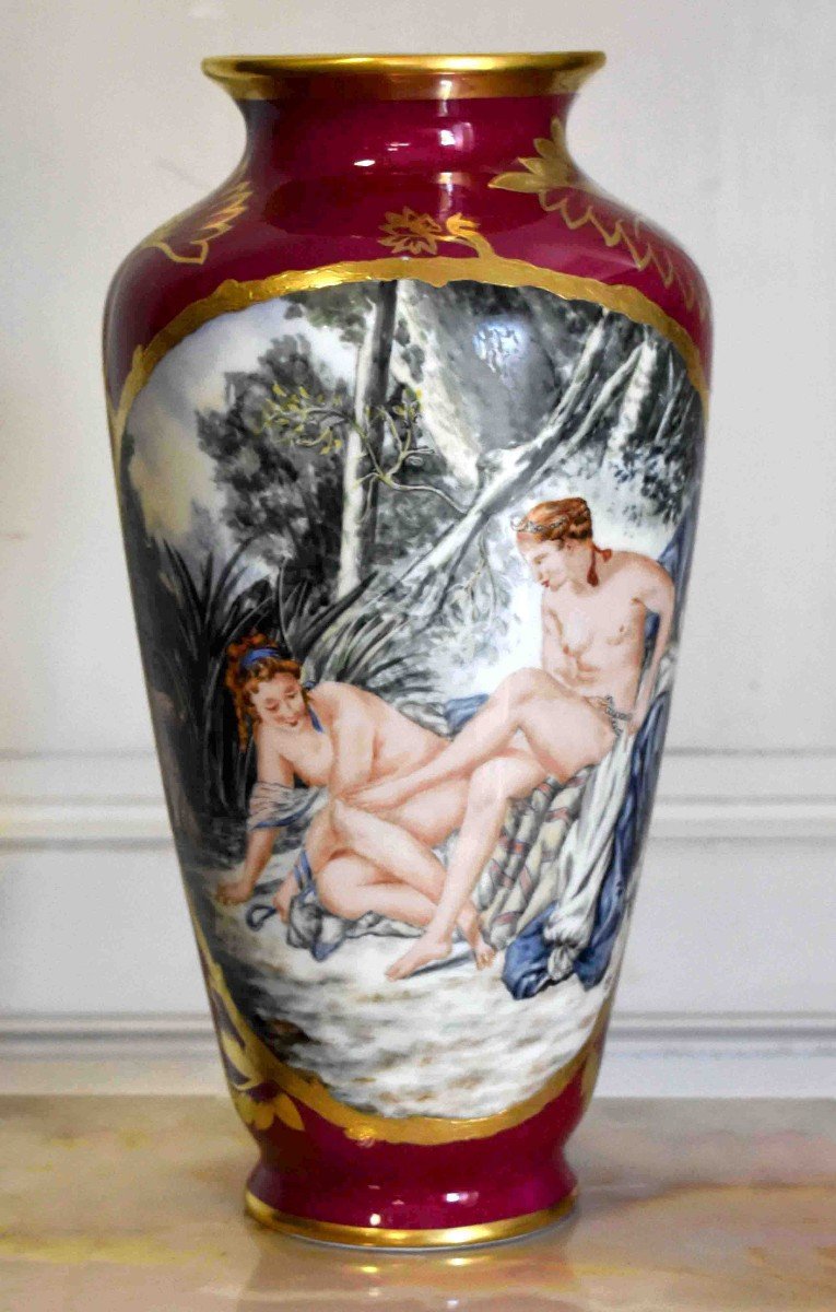 Large Limoges Porcelain Vase, Hand Painted Decor, Diane Coming Out Of The Bath By Bouchet