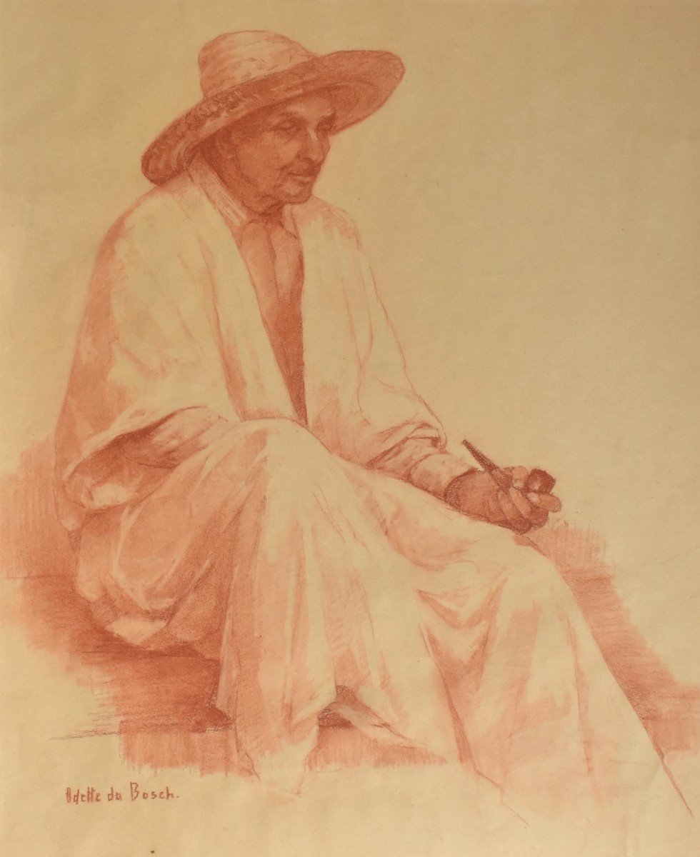 Odette Du Bosch, Limoges, Sanguine Orientalist, Man With A Pipe, Oriental Character, Algiers-photo-2