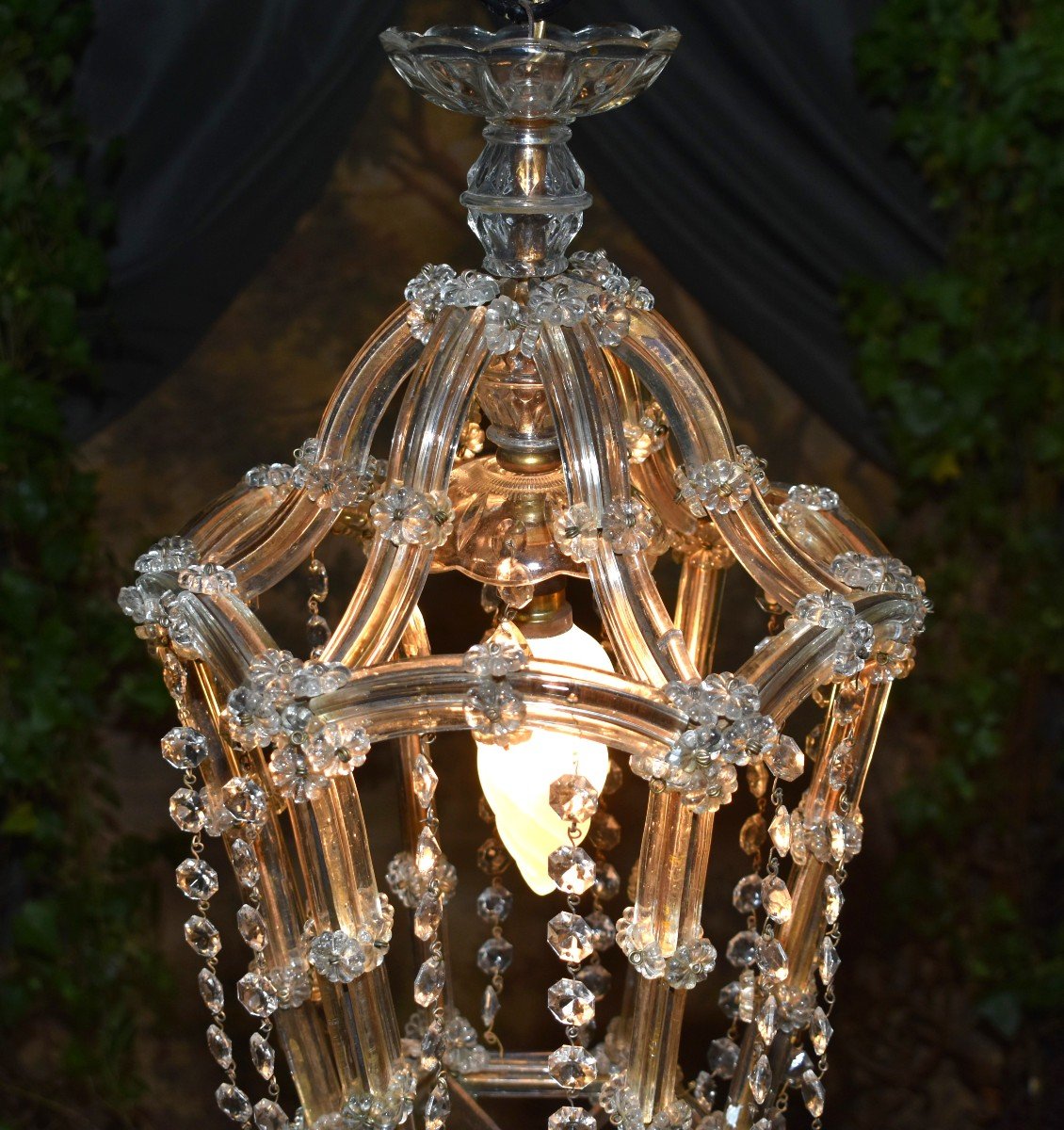 Bohemian Glass Lantern Chandelier, Beaded Garland, -photo-3