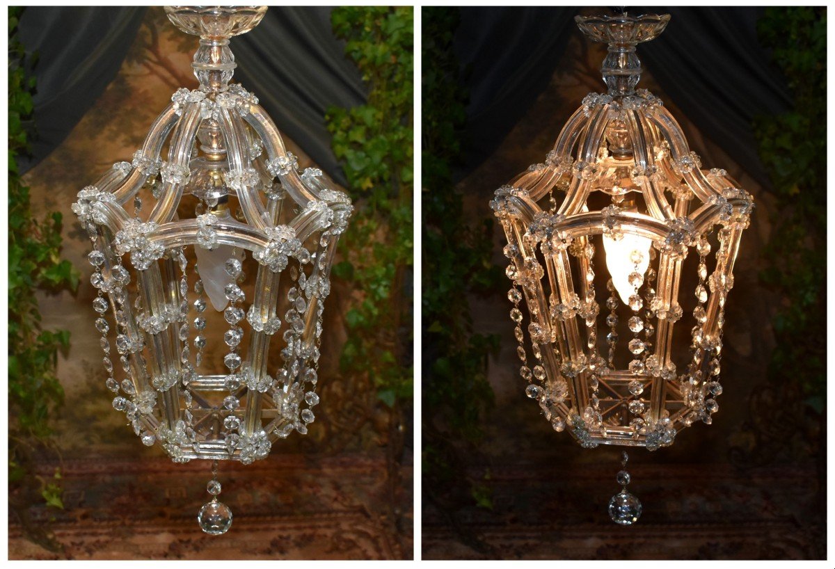 Bohemian Glass Lantern Chandelier, Beaded Garland, -photo-2