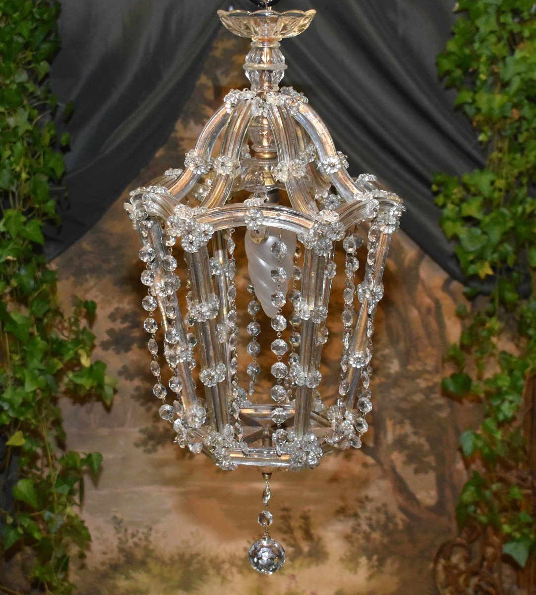 Bohemian Glass Lantern Chandelier, Beaded Garland, 