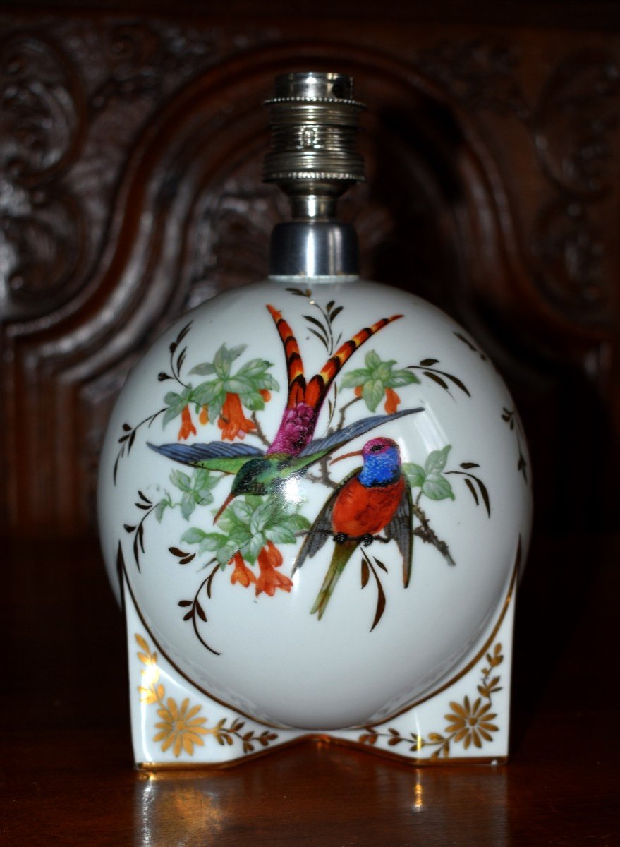 Pied De Lampe En Porcelaine De Limoges  à Décor d' Oiseaux, Forme Boule, Signé Elby-photo-2