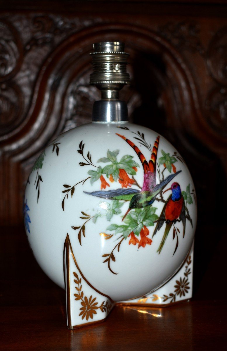 Pied De Lampe En Porcelaine De Limoges  à Décor d' Oiseaux, Forme Boule, Signé Elby-photo-3