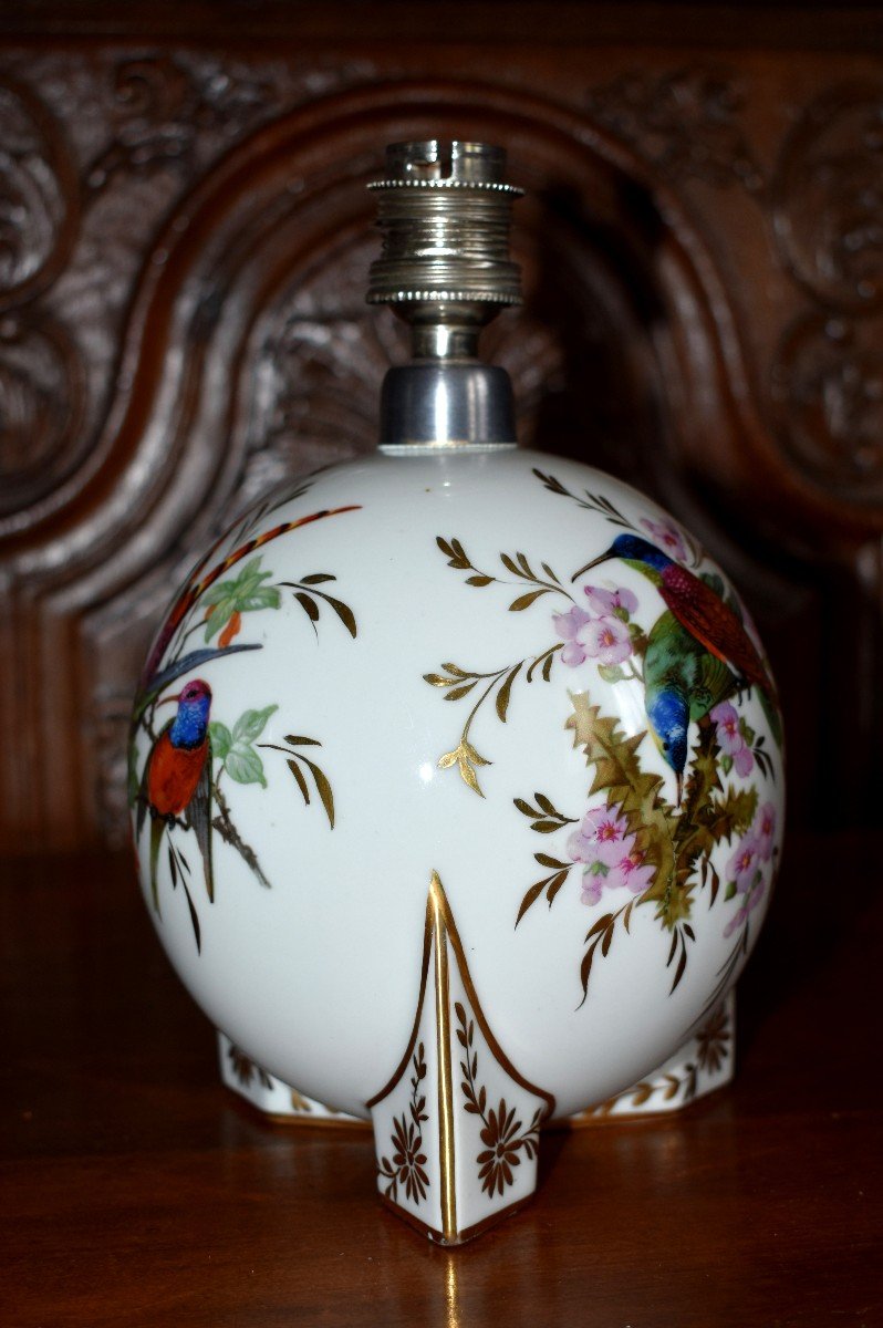 Pied De Lampe En Porcelaine De Limoges  à Décor d' Oiseaux, Forme Boule, Signé Elby-photo-4