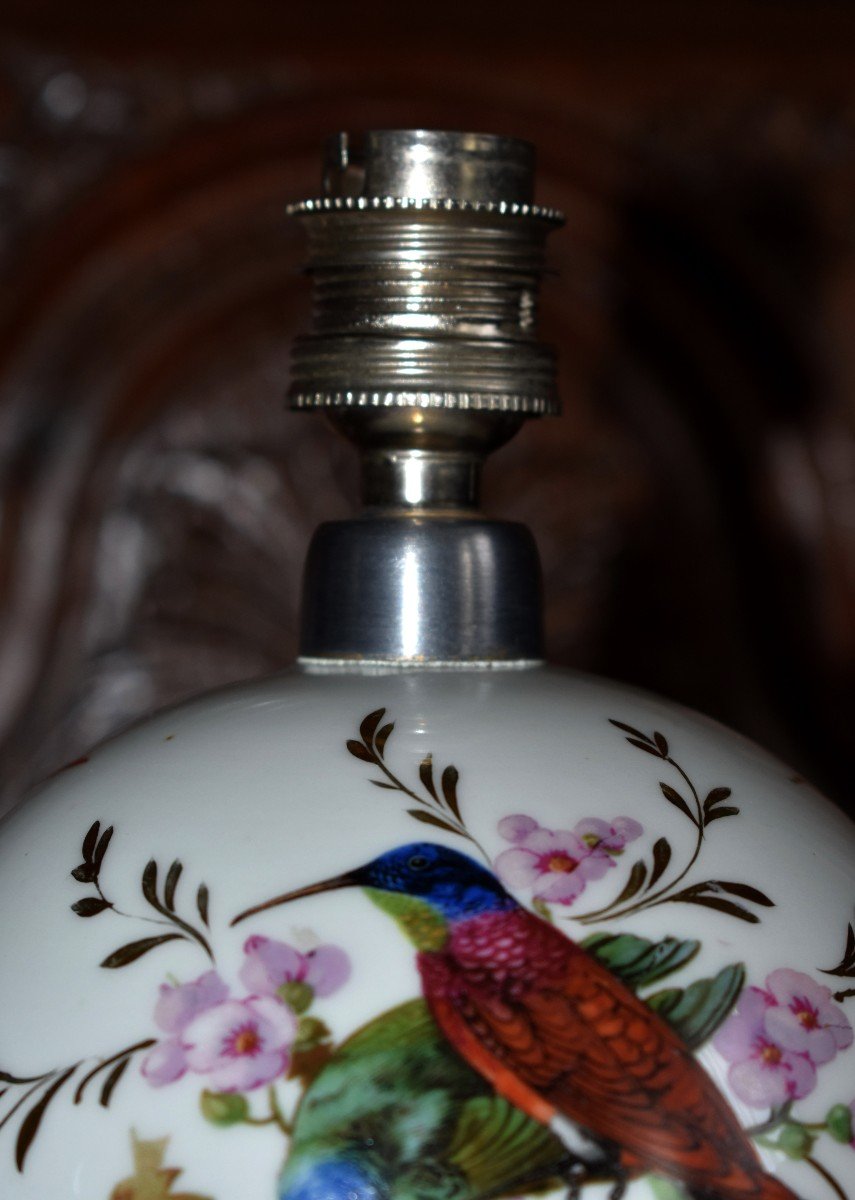 Pied De Lampe En Porcelaine De Limoges  à Décor d' Oiseaux, Forme Boule, Signé Elby-photo-4