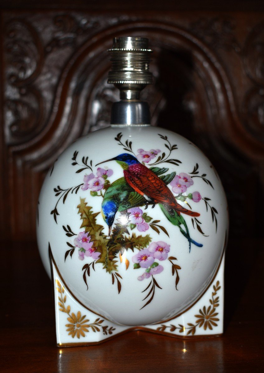 Pied De Lampe En Porcelaine De Limoges  à Décor d' Oiseaux, Forme Boule, Signé Elby