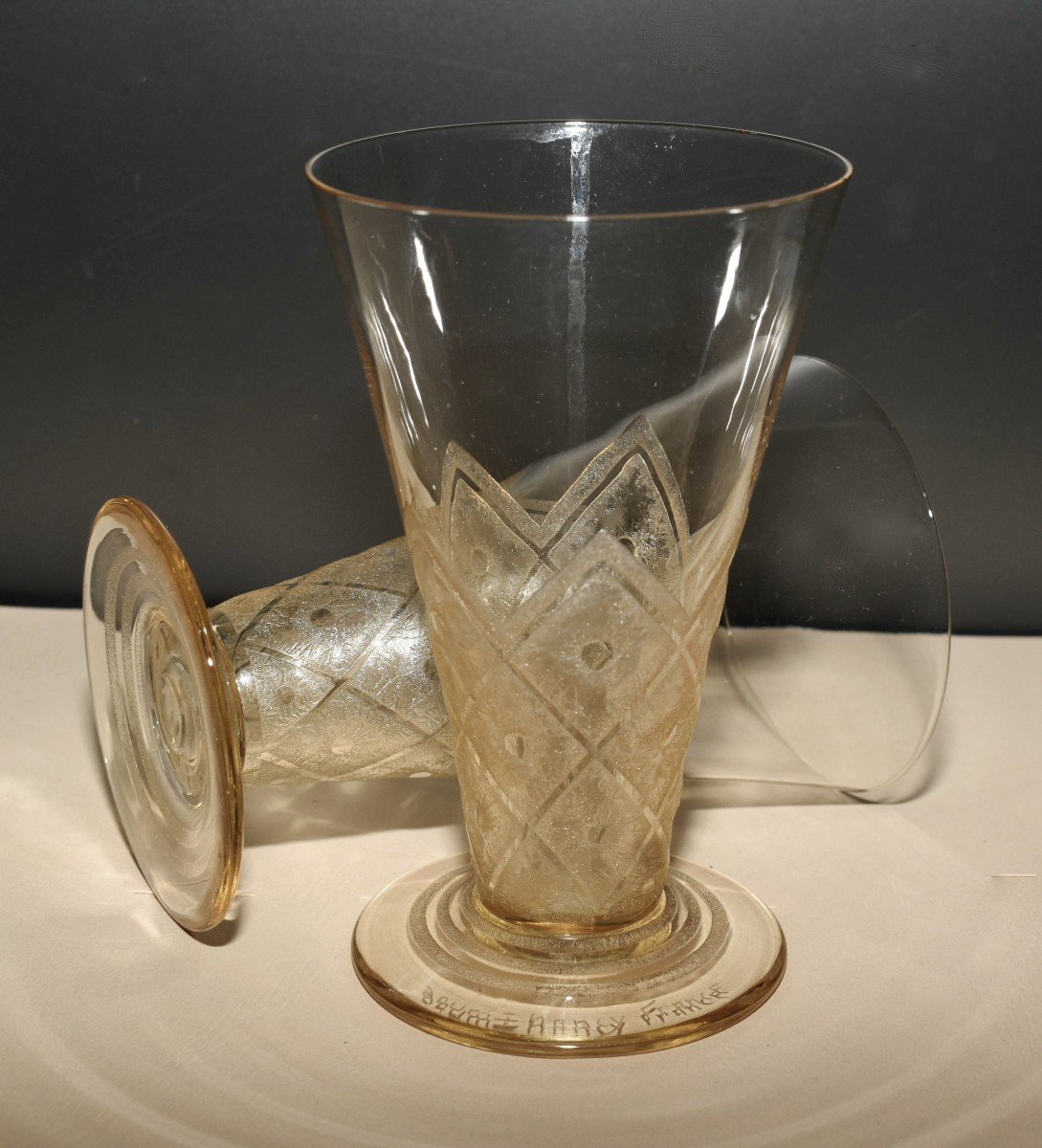 Daum, Pair Of Art Deco Vases, Acid-etched Relief, Granite Background, Geometric Decor, 1930-photo-2