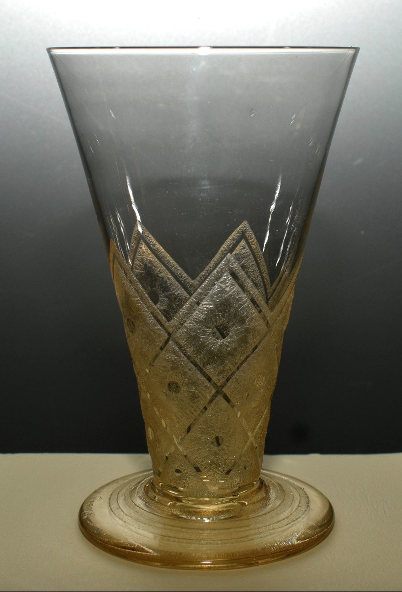 Daum, Paire De Vases Art Déco, Relief Dégagé à l'Acide, Fond Granité, Décor Géométeique, 1930-photo-2