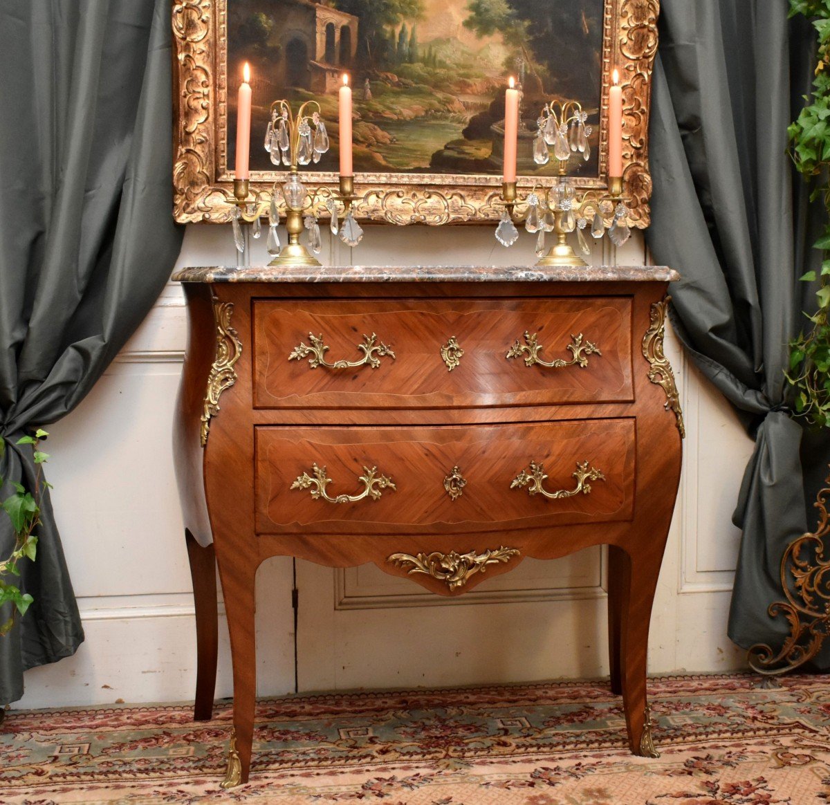 Small Louis XV Style Marquetry Chest Of Drawers, 2 Drawers, Marquetry, Bronze And Marble-photo-2