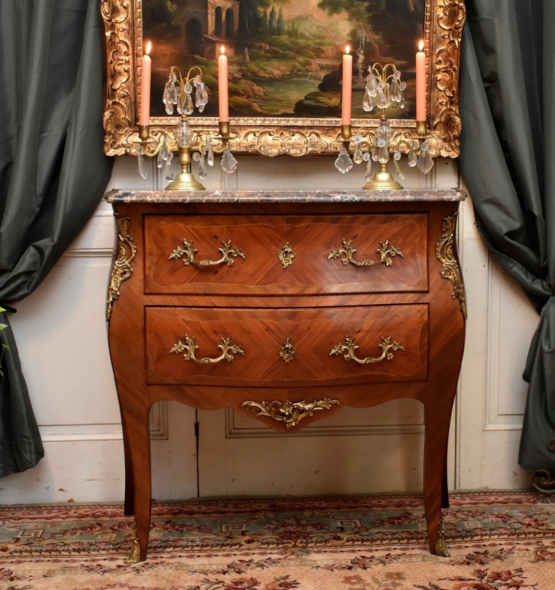 Small Louis XV Style Marquetry Chest Of Drawers, 2 Drawers, Marquetry, Bronze And Marble-photo-3