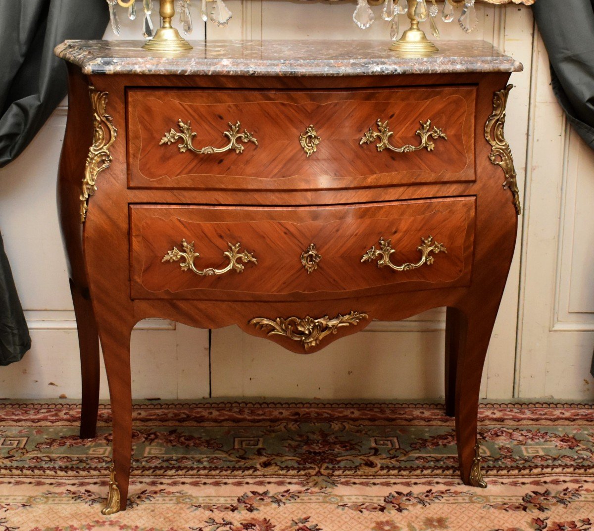 Small Louis XV Style Marquetry Chest Of Drawers, 2 Drawers, Marquetry, Bronze And Marble-photo-4