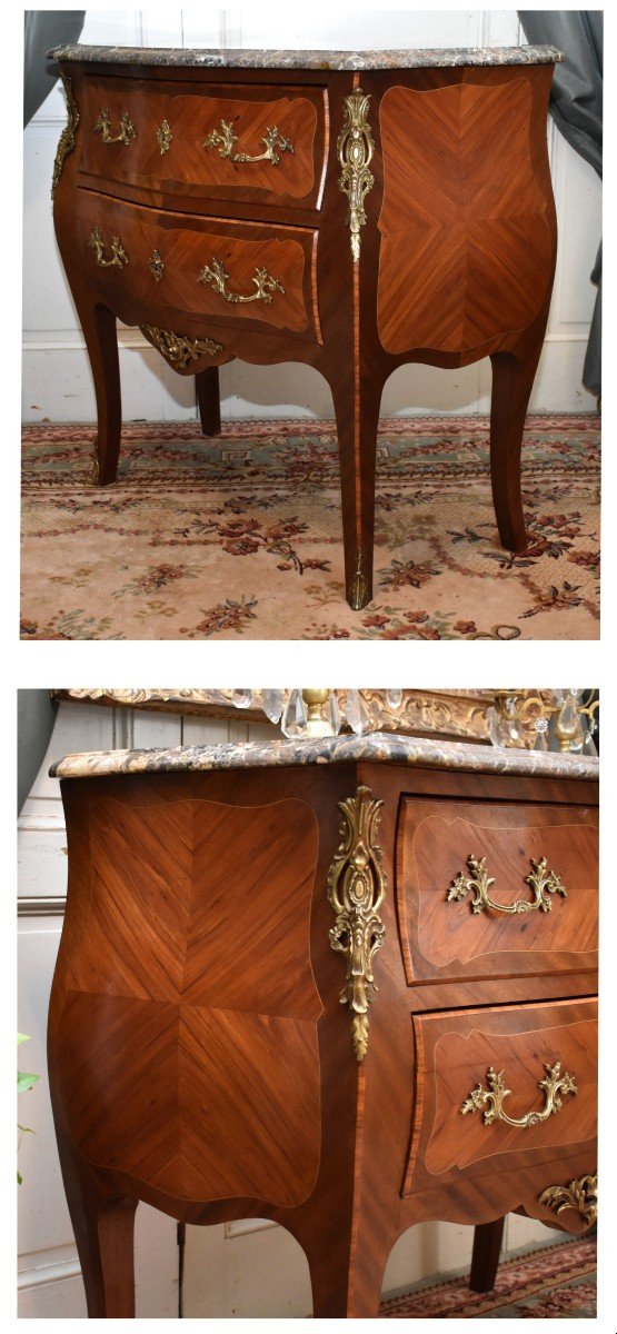 Petite Commode Sauteuse Marquetée De Style Louis XV à 2 Tiroirs, Marqueterie, Bronze Et  Marbre-photo-2