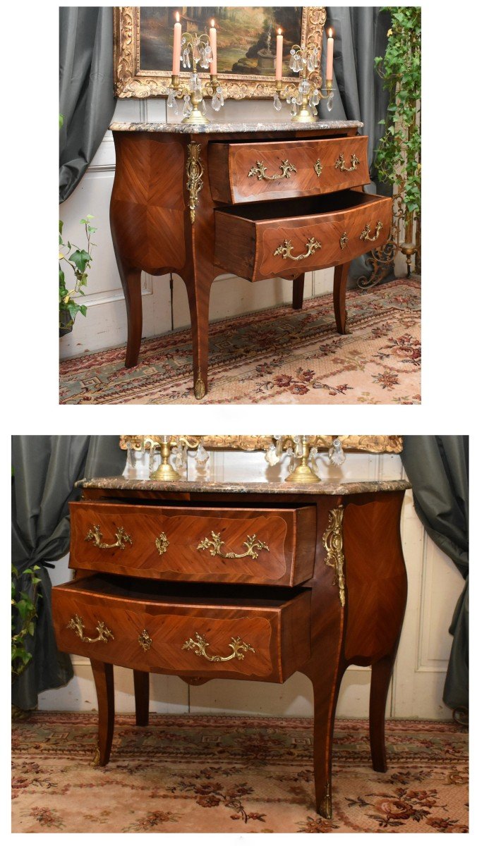 Petite Commode Sauteuse Marquetée De Style Louis XV à 2 Tiroirs, Marqueterie, Bronze Et  Marbre-photo-3