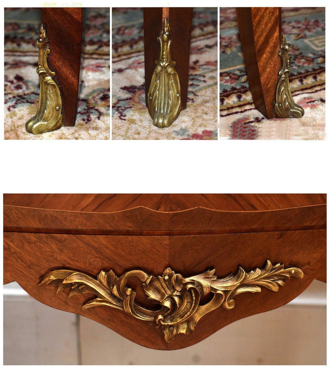 Petite Commode Sauteuse Marquetée De Style Louis XV à 2 Tiroirs, Marqueterie, Bronze Et  Marbre-photo-4