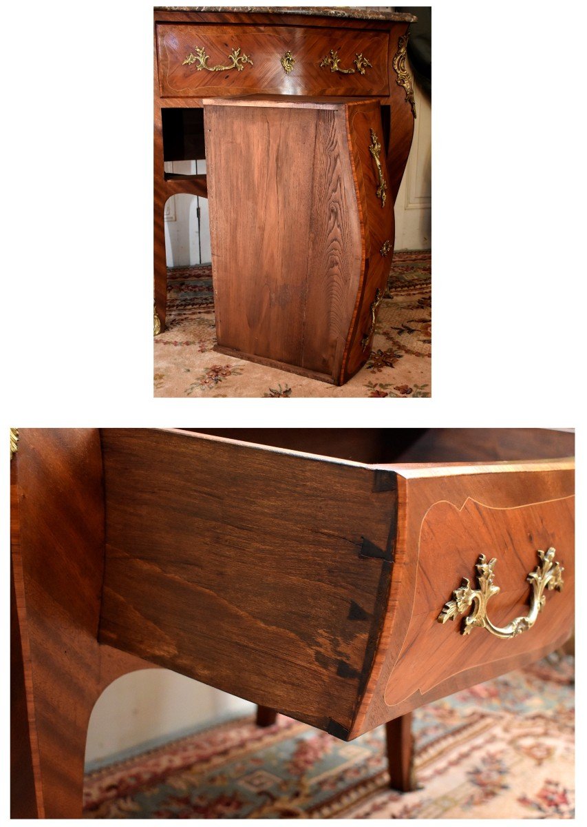 Small Louis XV Style Marquetry Chest Of Drawers, 2 Drawers, Marquetry, Bronze And Marble-photo-6