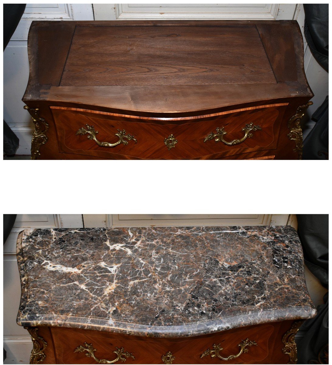 Small Louis XV Style Marquetry Chest Of Drawers, 2 Drawers, Marquetry, Bronze And Marble-photo-7