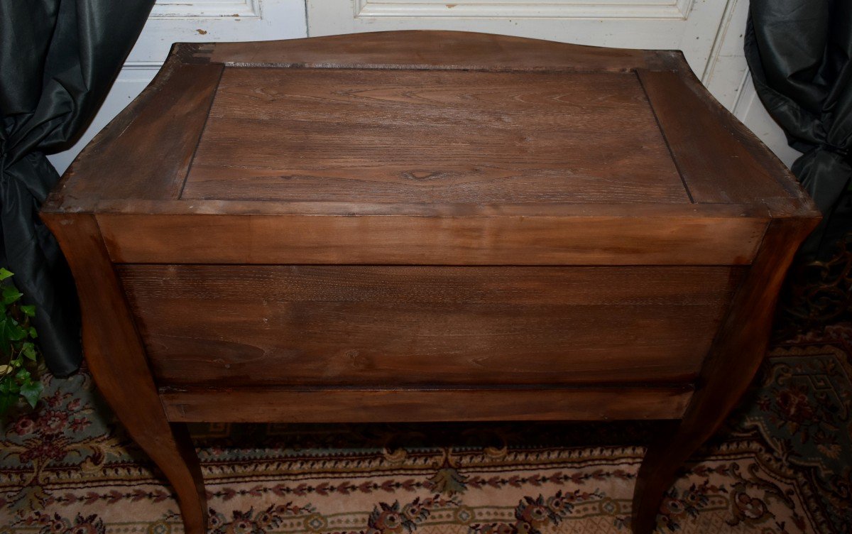 Small Louis XV Style Marquetry Chest Of Drawers, 2 Drawers, Marquetry, Bronze And Marble-photo-8