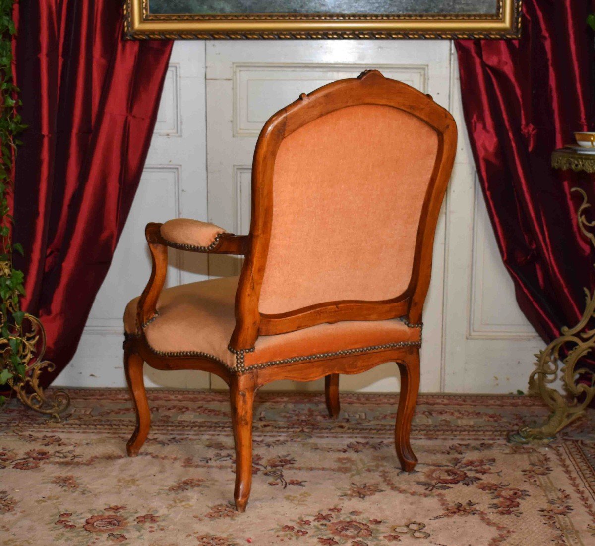 Fauteuil d'époque Louis XV,  Dossier à La Reine,  XVIIIème Siècle. Tissu Velours.-photo-4