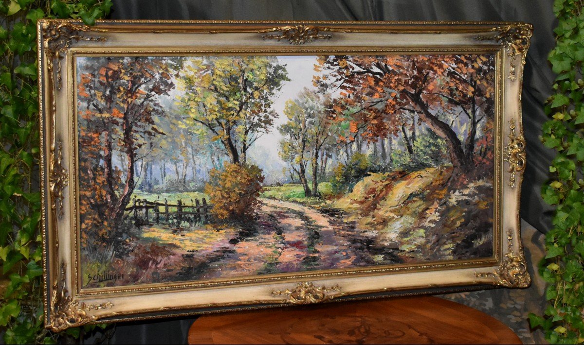 Schillinger Jean Louis , Grand  Tableau Paysage De Campagne, Petit Chemin , Cadre Sculpté -photo-2