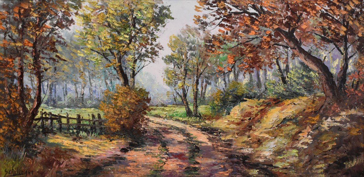 Schillinger Jean Louis , Grand  Tableau Paysage De Campagne, Petit Chemin , Cadre Sculpté -photo-3