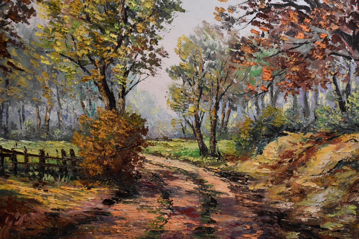 Schillinger Jean Louis , Grand  Tableau Paysage De Campagne, Petit Chemin , Cadre Sculpté -photo-4