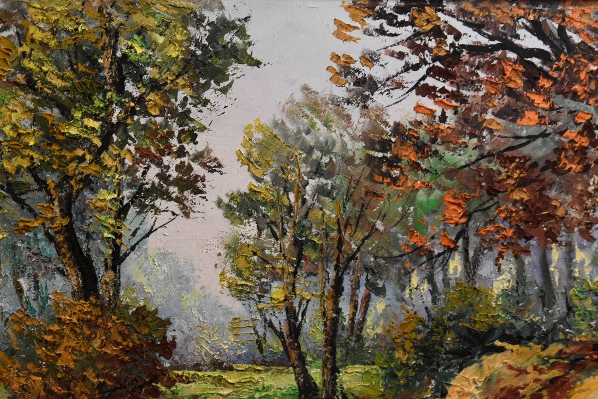 Schillinger Jean Louis , Grand  Tableau Paysage De Campagne, Petit Chemin , Cadre Sculpté -photo-3