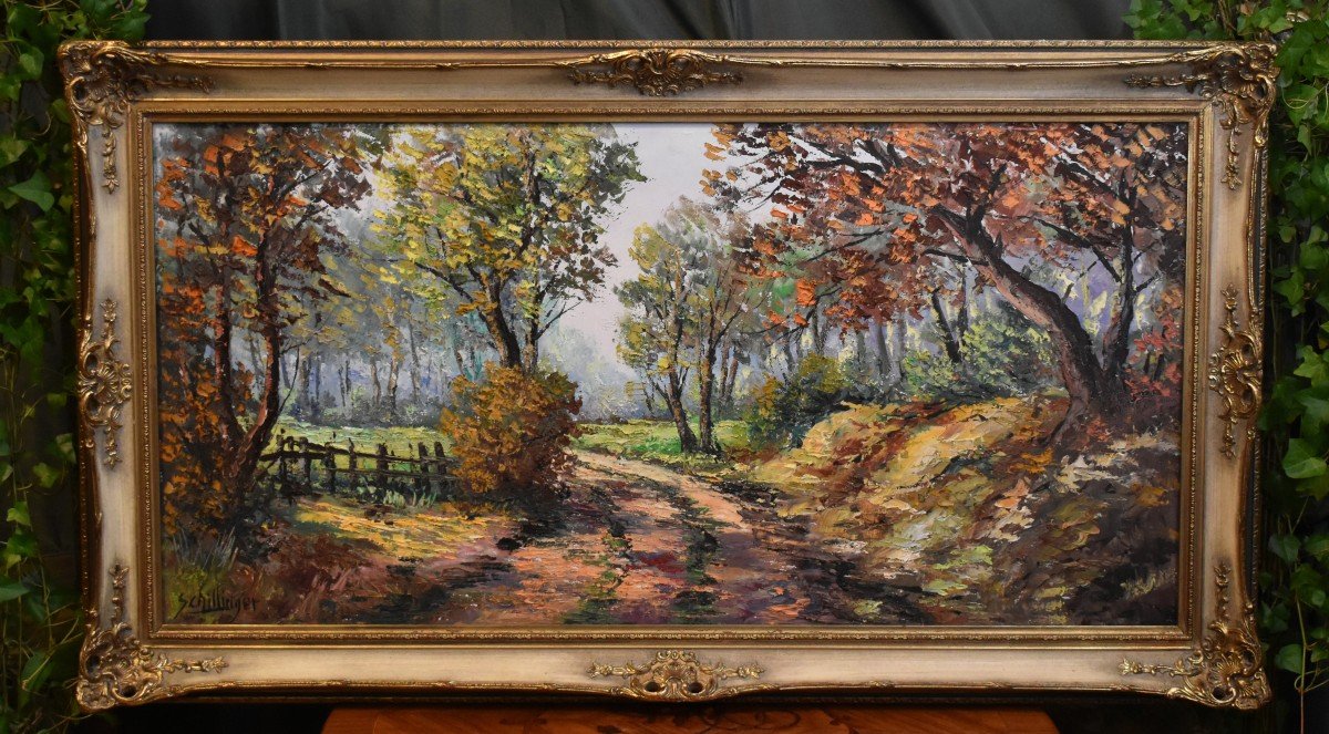 Schillinger Jean Louis , Grand  Tableau Paysage De Campagne, Petit Chemin , Cadre Sculpté 