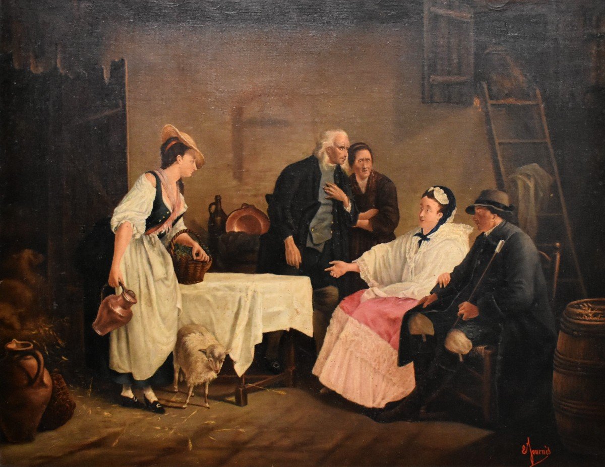 Grand tableau   " La Bergère Des Alpes " Par E. Journès ( XIXe - XXe )  . Scène d'Intérieur , 