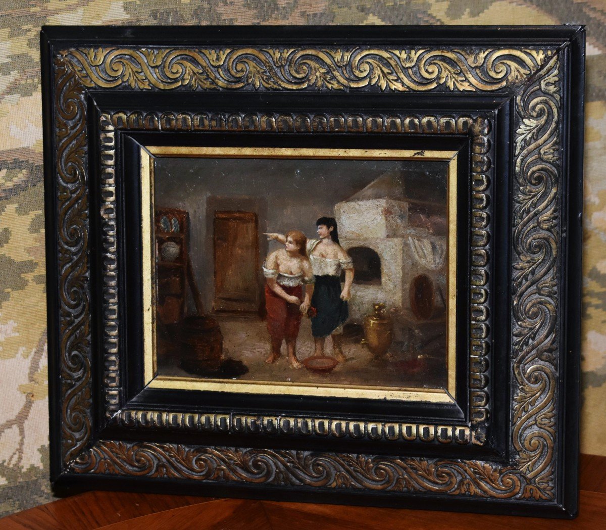 Interior Scene Painting On Cardboard Panel, Napoleon III Frame, 2 Figures, Two Women -photo-2