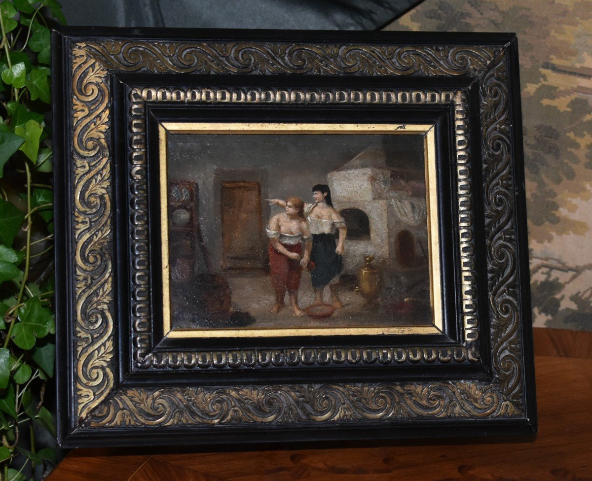 Interior Scene Painting On Cardboard Panel, Napoleon III Frame, 2 Figures, Two Women -photo-3