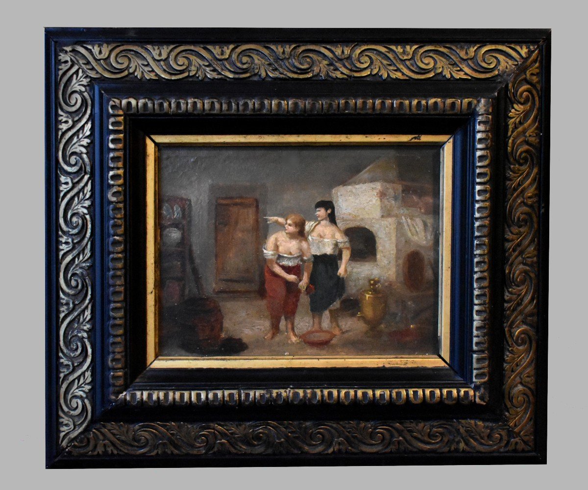 Interior Scene Painting On Cardboard Panel, Napoleon III Frame, 2 Figures, Two Women 