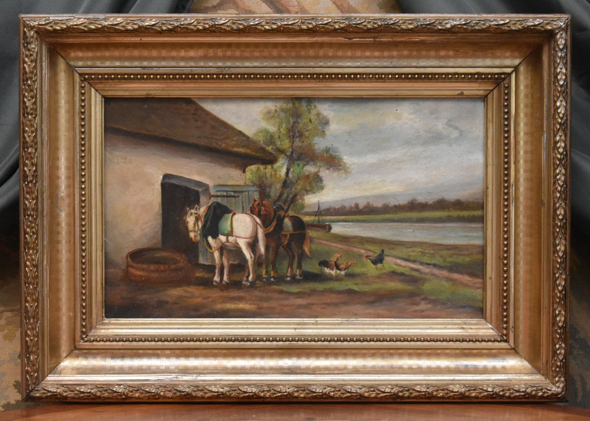 Petit  Tableau Chemin De Halage Avec Deux Chevaux  Au Repos , Paysage Dans Cadre en stuc doré  -photo-2