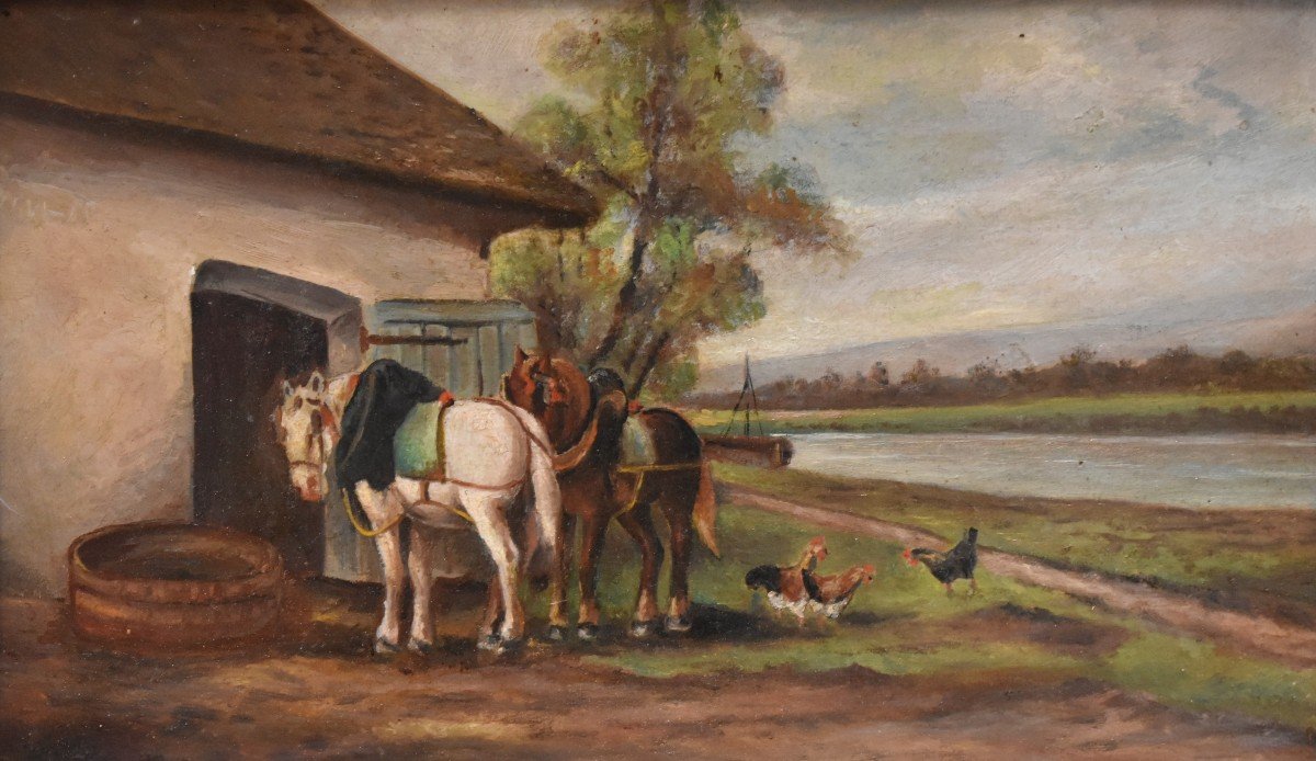 Small Painting Towpath With Two Resting Horses, Landscape In Gilded Stucco Frame-photo-3