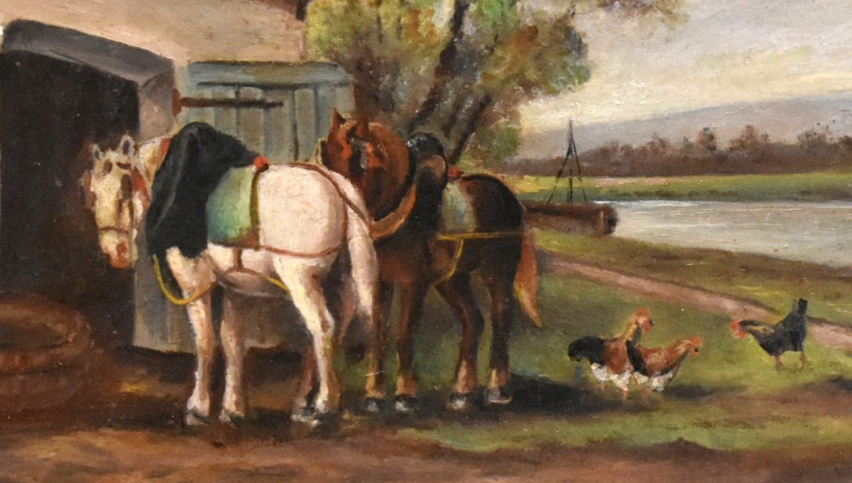 Small Painting Towpath With Two Resting Horses, Landscape In Gilded Stucco Frame-photo-4