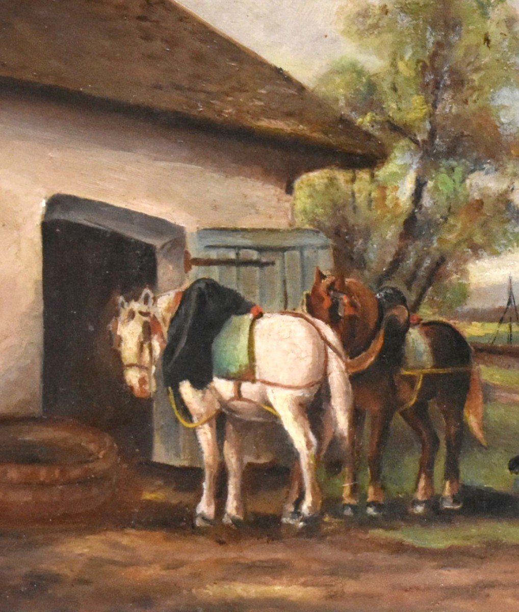 Small Painting Towpath With Two Resting Horses, Landscape In Gilded Stucco Frame-photo-1