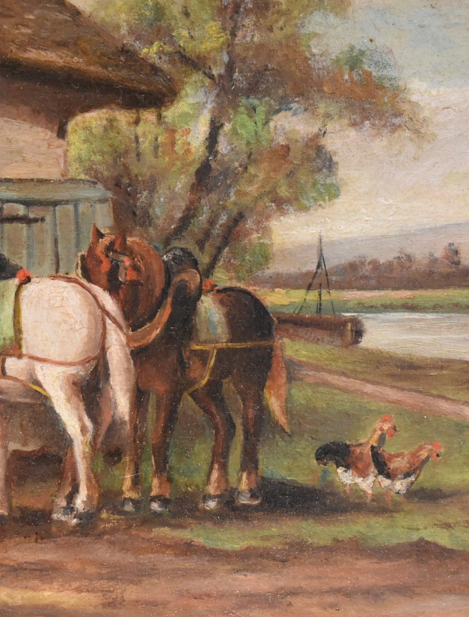 Small Painting Towpath With Two Resting Horses, Landscape In Gilded Stucco Frame-photo-2