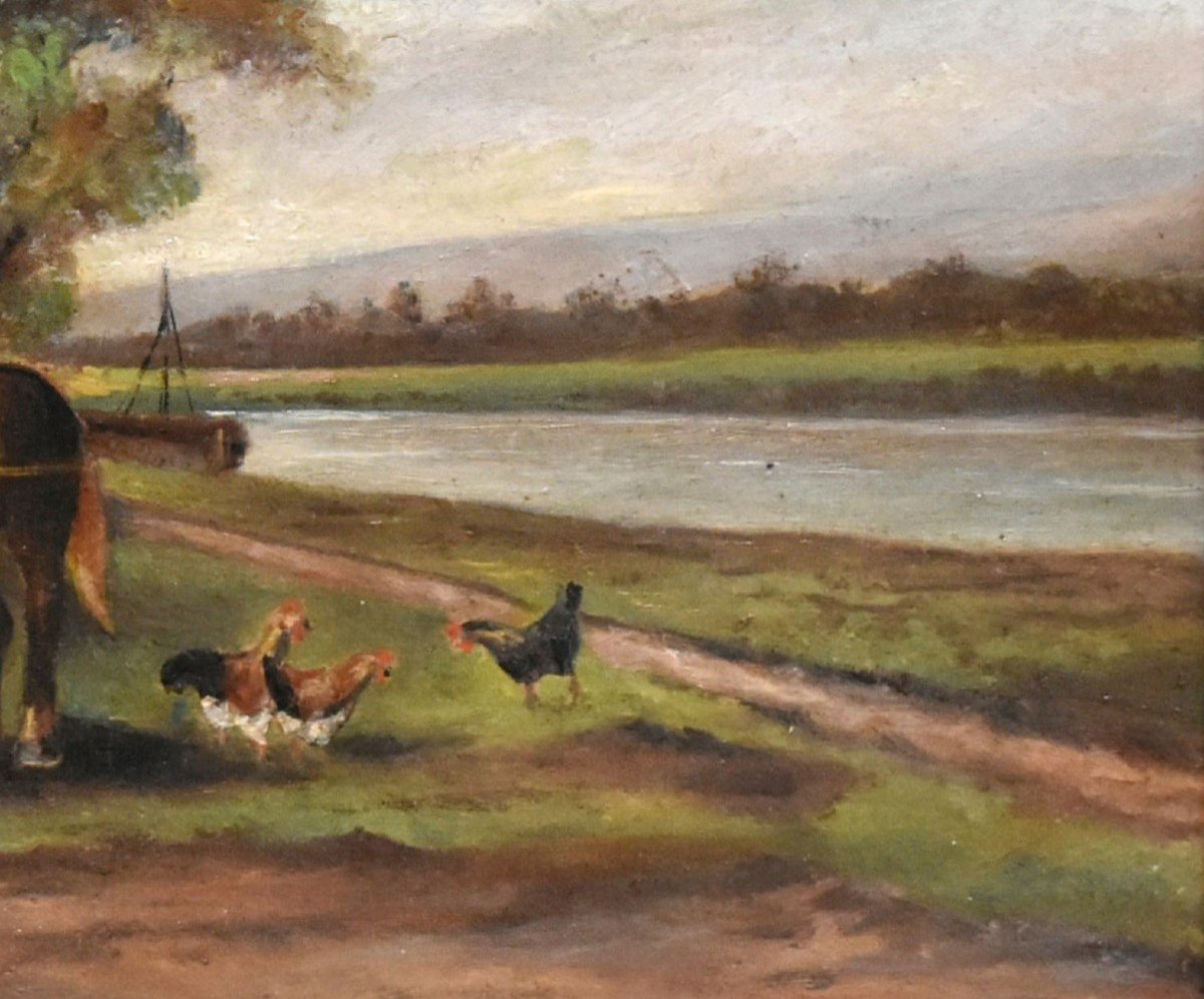 Small Painting Towpath With Two Resting Horses, Landscape In Gilded Stucco Frame-photo-3