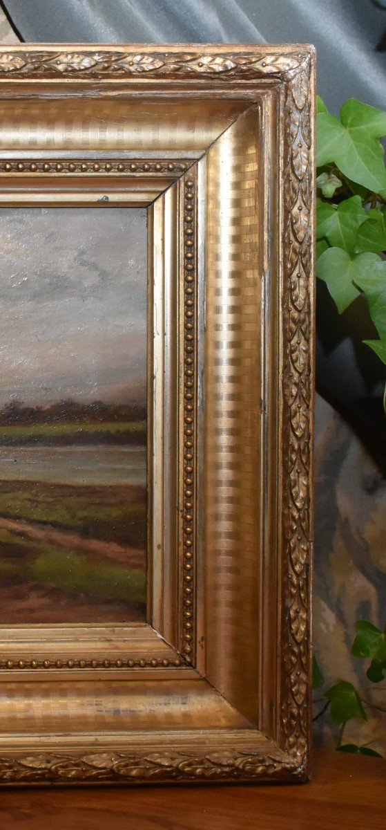 Small Painting Towpath With Two Resting Horses, Landscape In Gilded Stucco Frame-photo-6