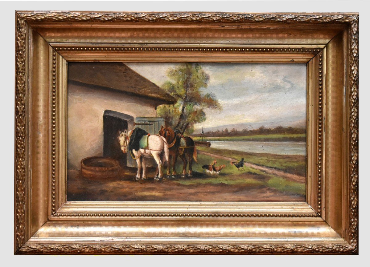 Small Painting Towpath With Two Resting Horses, Landscape In Gilded Stucco Frame