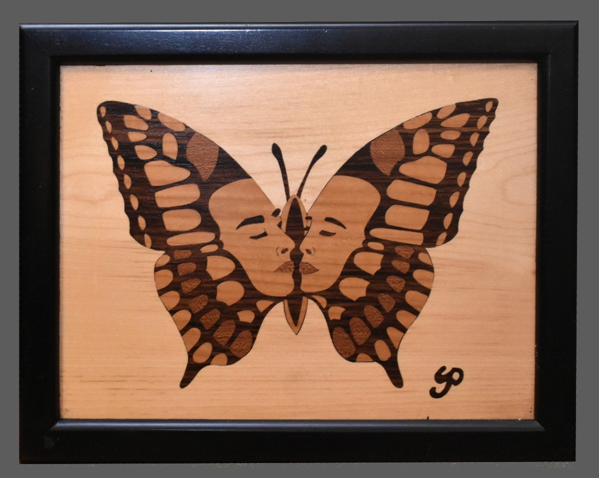 Marquetry Painting Of Various Woods, Butterflies And Human Faces -photo-2