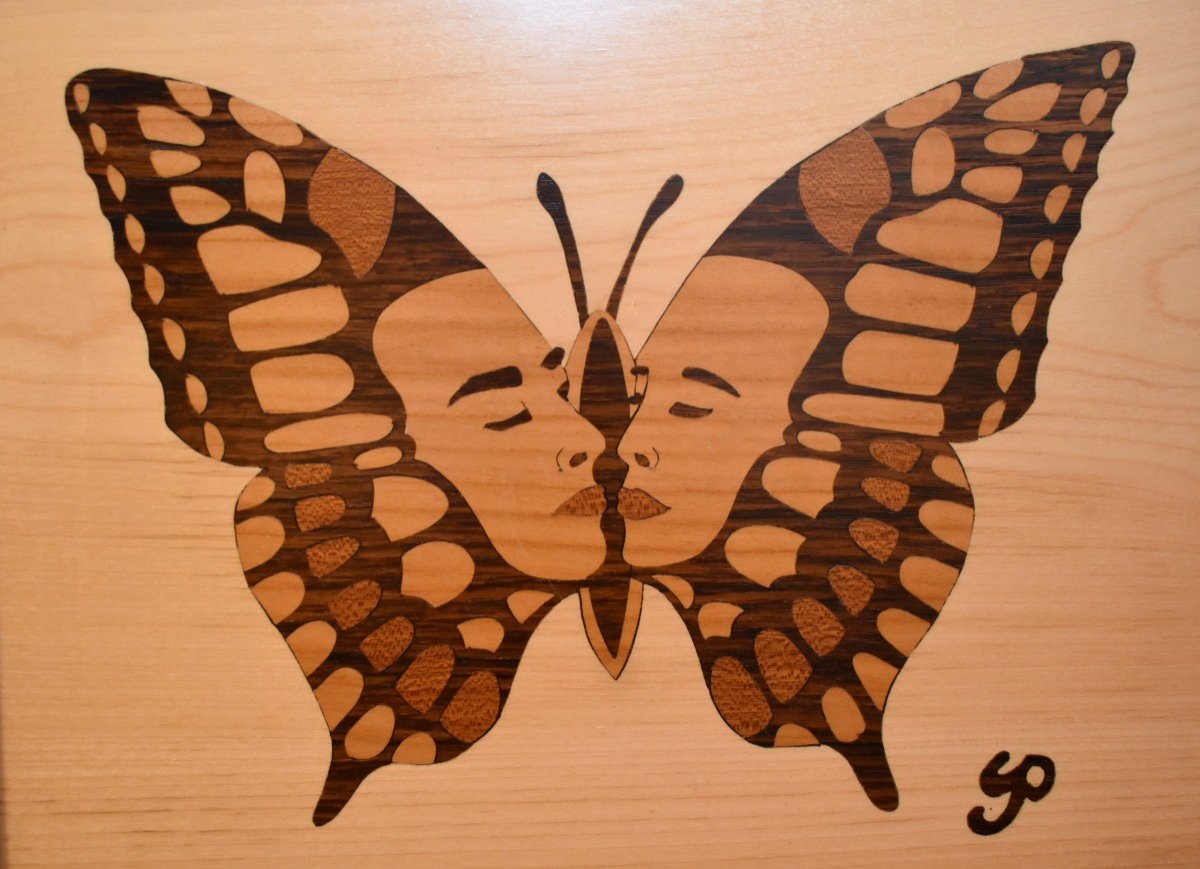 Marquetry Painting Of Various Woods, Butterflies And Human Faces -photo-3