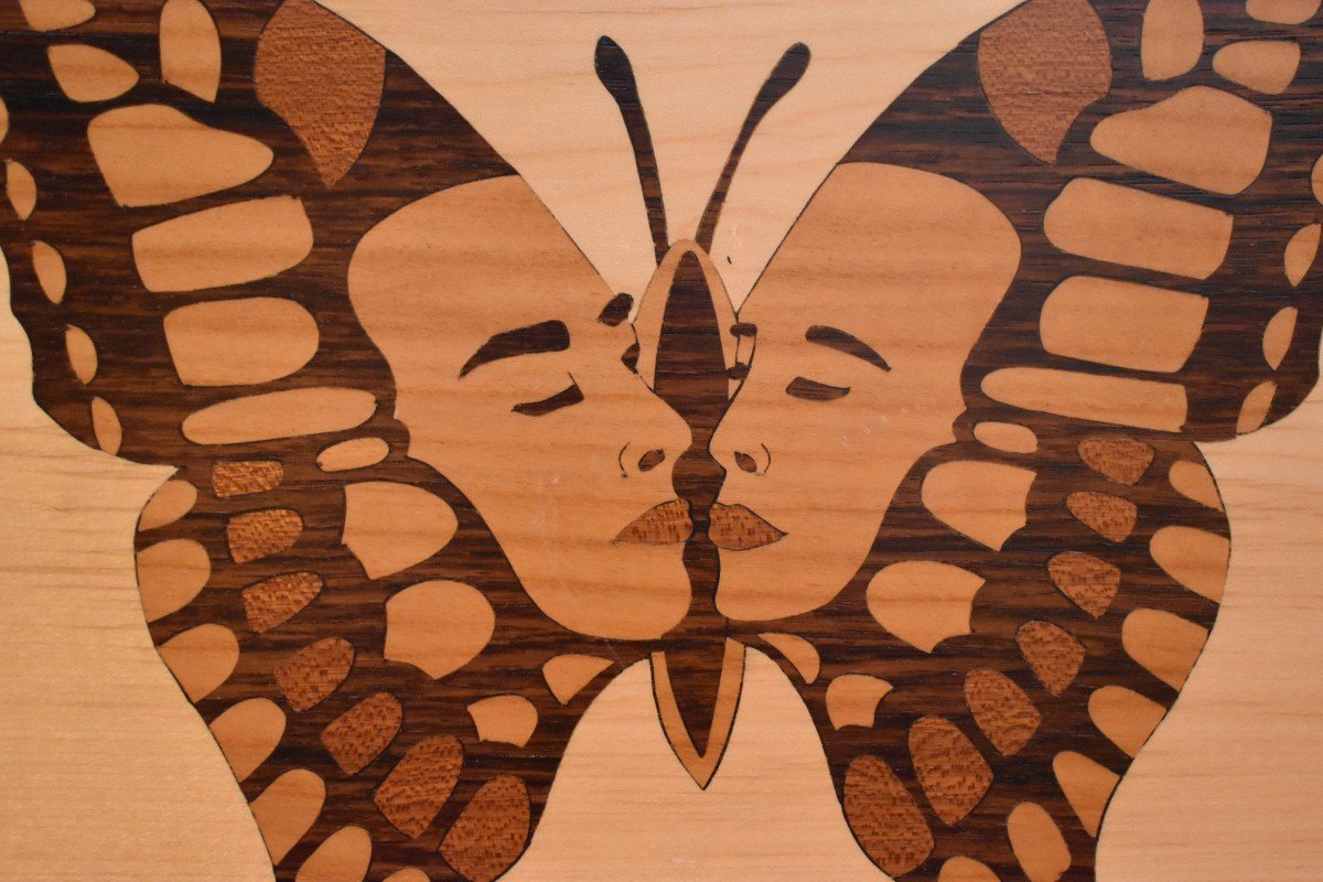 Marquetry Painting Of Various Woods, Butterflies And Human Faces -photo-4