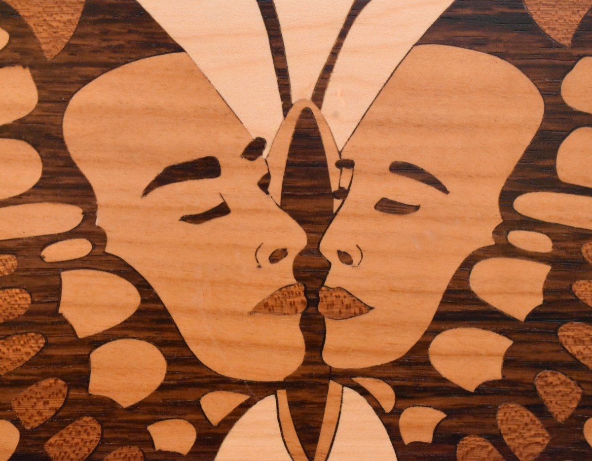 Marquetry Painting Of Various Woods, Butterflies And Human Faces -photo-1